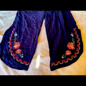 Xhilaration loose bohemian pants with flower embroidery size M dark blue